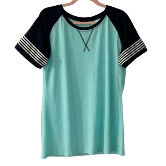 Turquoise Tee with Navy/White Striped Sleeves L - Picture 1 of 3